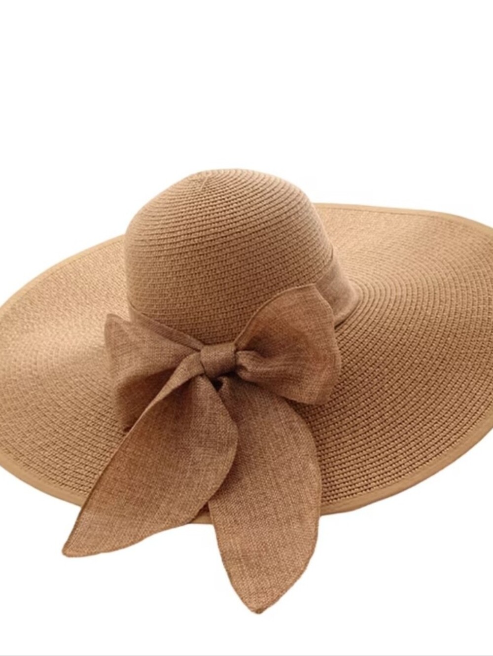 Wide Brim Sun Hat with Bow - Camel
